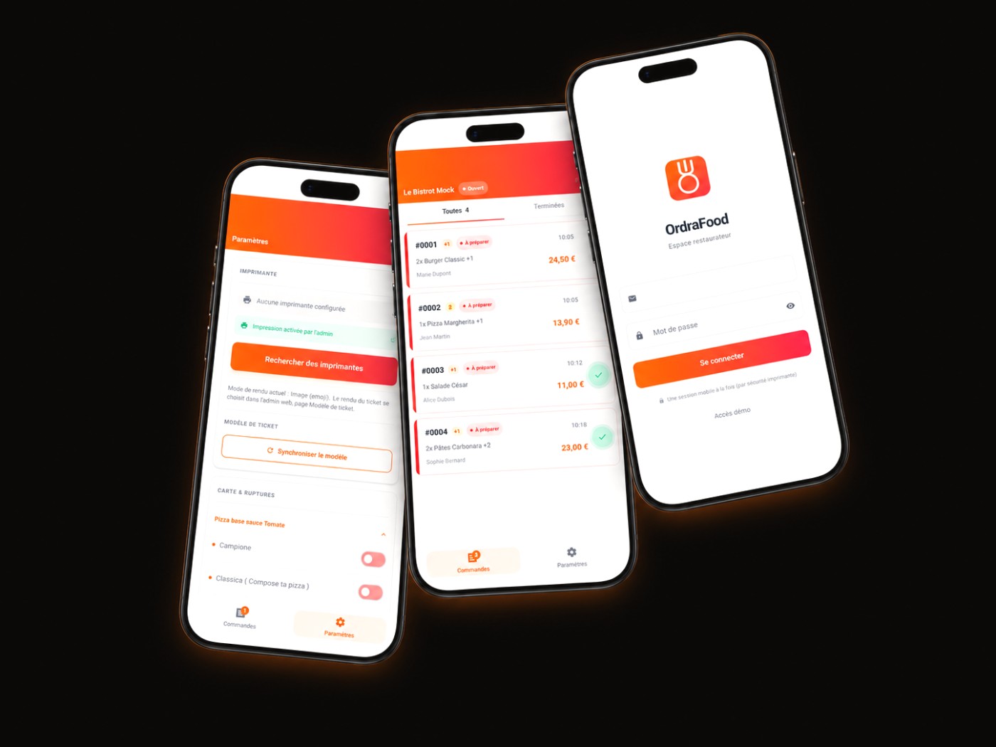 Application OrdraFood : suivi des commandes en direct, paramètres d'impression et écran de connexion restaurateur sur smartphone