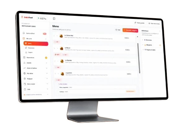Gestion du menu et de la carte du restaurant dans l administration OrdraFood