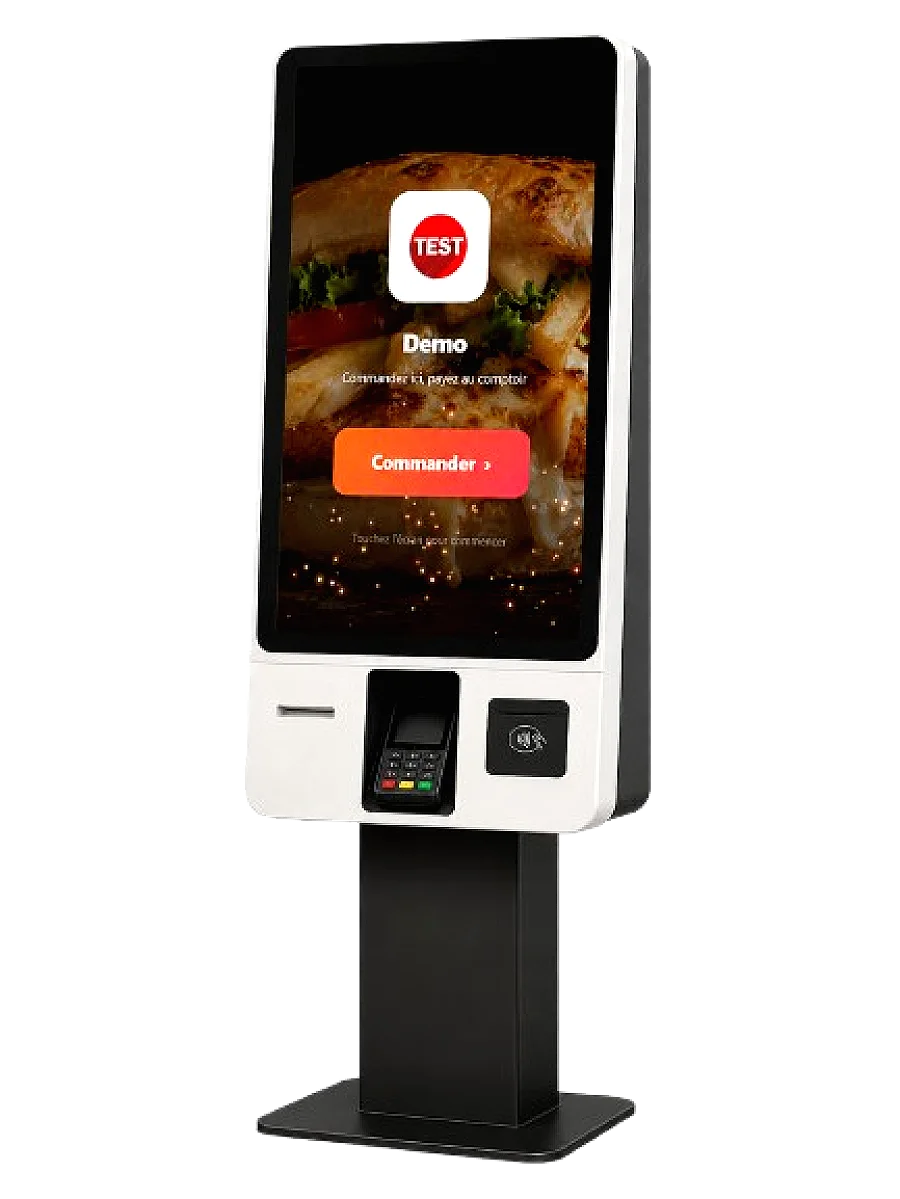 Borne de commande restaurant : écran d'accueil OrdraFood aux couleurs de l'établissement, alternative économique à la borne tactile classique